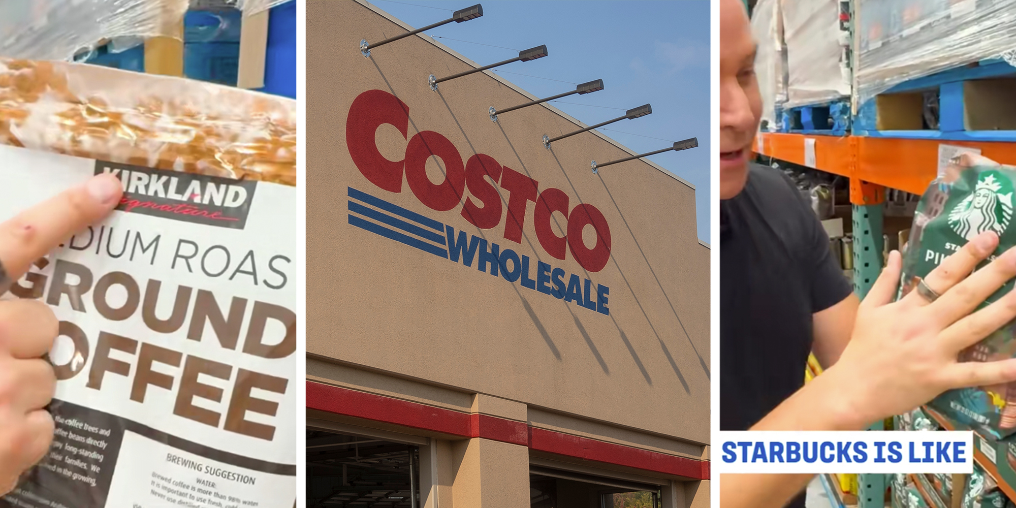 Left: man pointing to Kirkland medium roast ground coffee bag. Middle: Costco store front. Right: Man pointing at bag of Starbucks coffee in a Costco store.