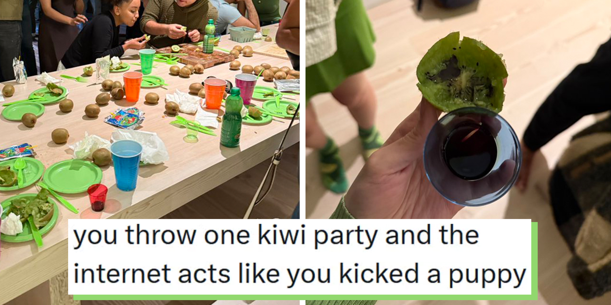 Left: Table laden with green plates and kiwis, people gathered around. Right: Hand holding half-eaten kiwi.