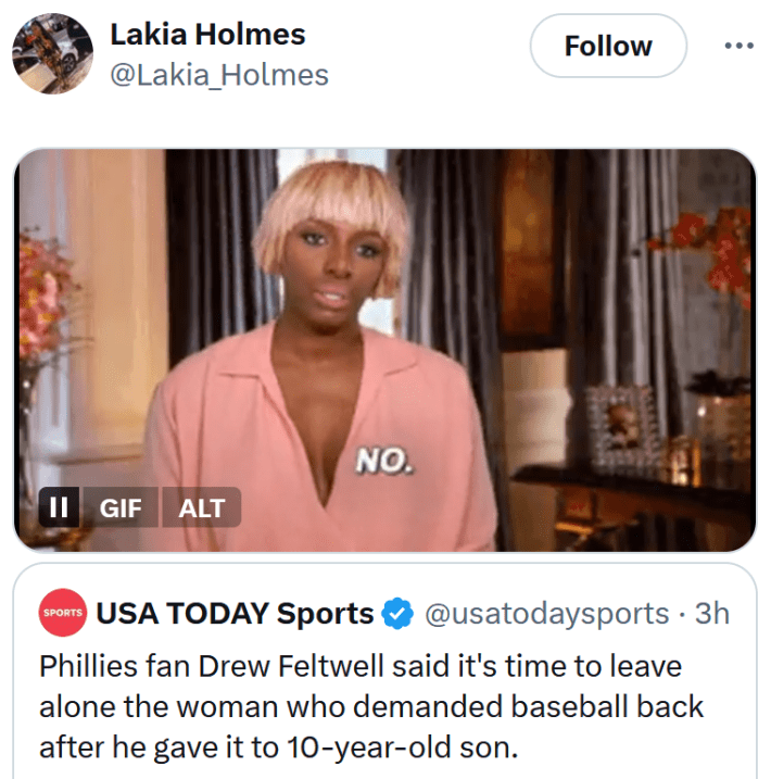 Tweet with a gif of a woman saying "no."