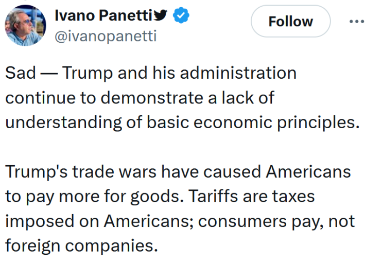 Tweet reading "Sad — Trump and his administration continue to demonstrate a lack of understanding of basic economic principles. Trump's trade wars have caused Americans to pay more for goods. Tariffs are taxes imposed on Americans; consumers pay, not foreign companies."