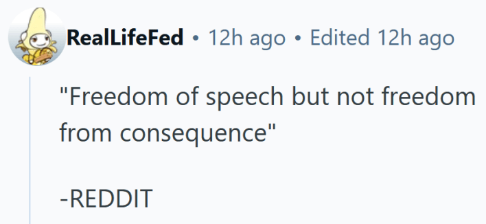 Reddit comment reading "'Freedom of speech but not freedom from consequence' -REDDIT"