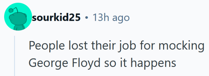 Reddit comment reading "People lost their job for mocking George Floyd so it happens"