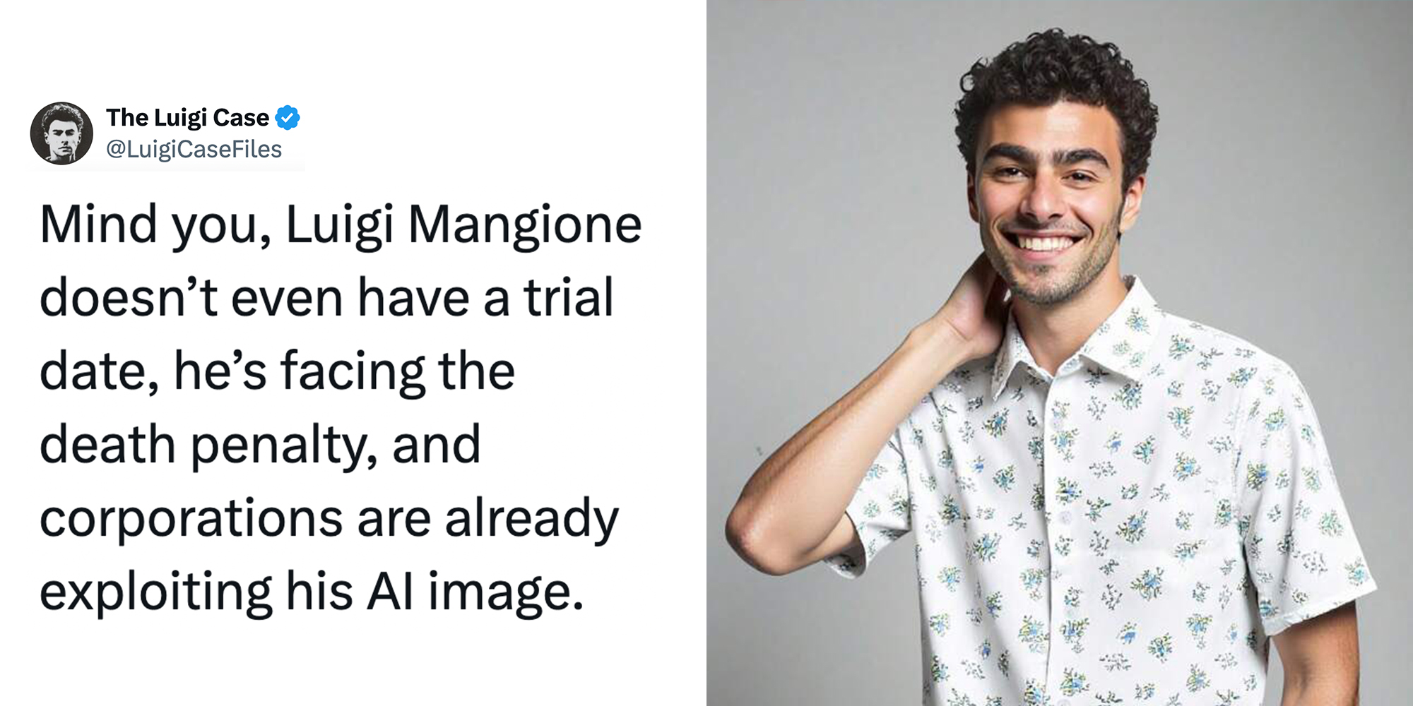 Left: Tweet reading "Mind you, Luigi Mangione doesn’t even have a trial date, he’s facing the death penalty, and corporations are already exploiting his AI image." Right: Shein ad featuring a possibly Ai-generated image of a model resembling Luigi Mangione