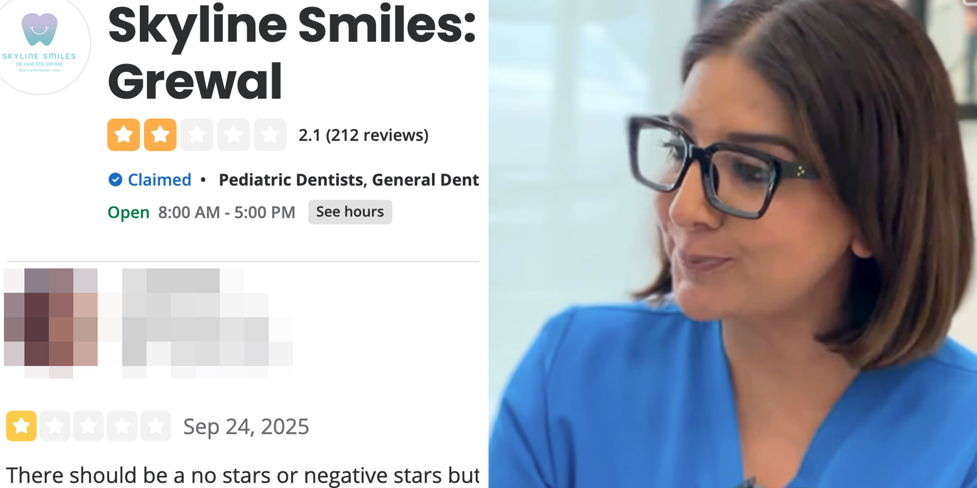 Left: Skyline Smiles Yelp page. Right: Dr. Harleen Grewal, the Maga Dentist, in blue scrubs during an interview.
