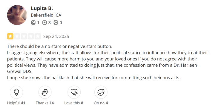1-star review bomb of Grewal's dentist practice.