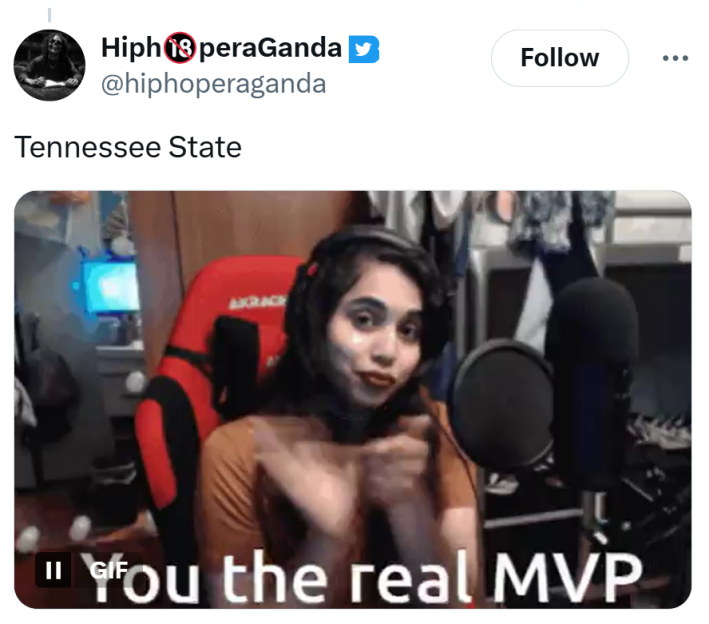 Tweet that reads, "Tennessee State you the real MVP."