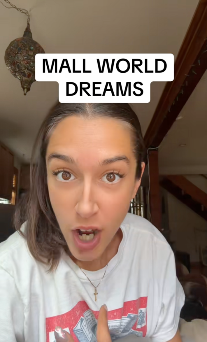 A woman talking to her camera, text overlay reads, "Mall world dreams."