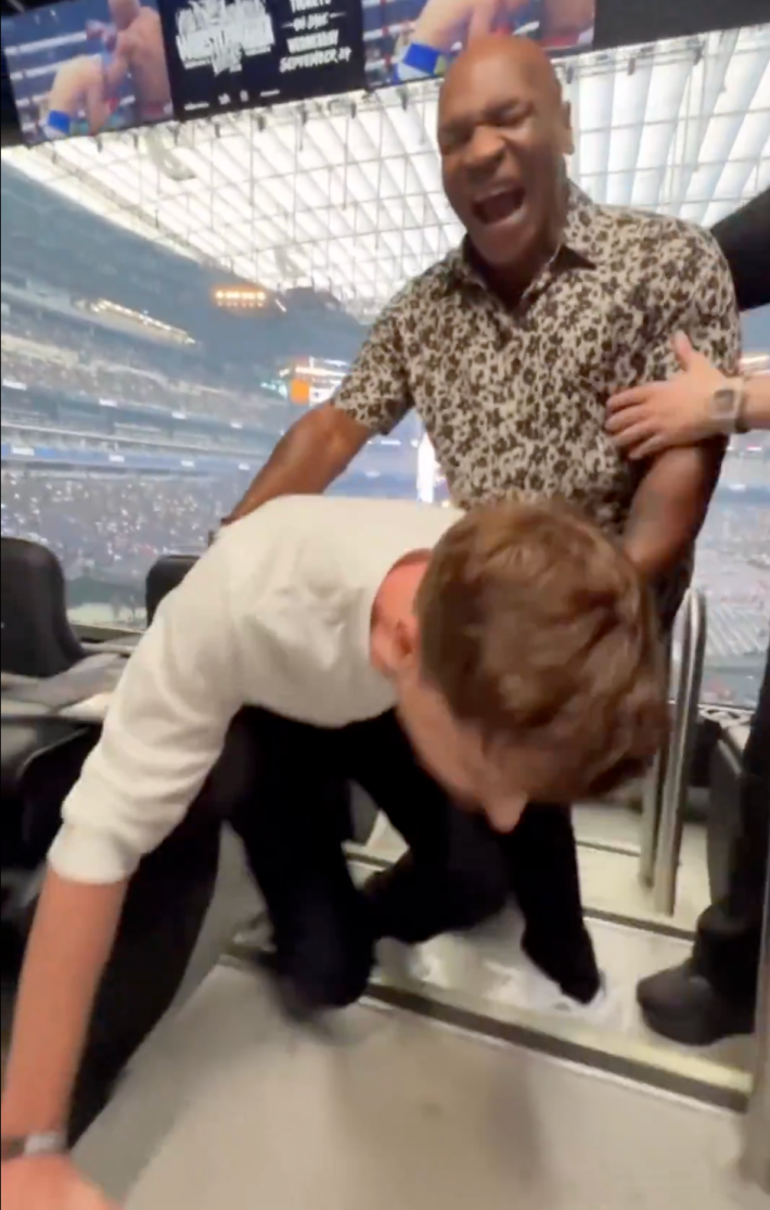 @scubaryan_/X MrBeast punched by Mike Tyson promoting Sept 13,2025 Crawford-Alvarez fight. MrBeast doubled over in pain as Tyson laughs