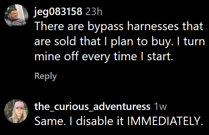 Instagram comments including one reading "There are bypass harnesses that are sold that I plan to buy. I turn mine off every time I start."