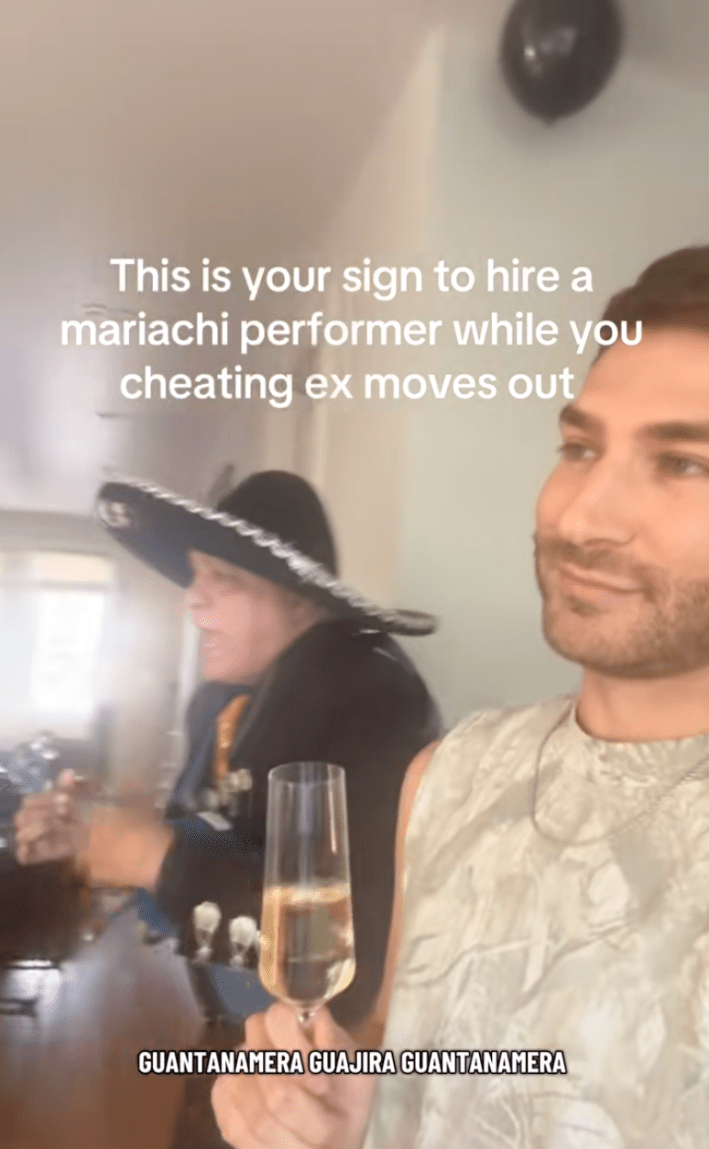A man on TikTok drinking champagne while a mariachi performer serenades his cheating ex on move out.