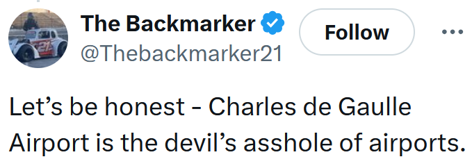 Tweet reading "Let’s be honest - Charles de Gaulle Airport is the devil’s asshole of airports."