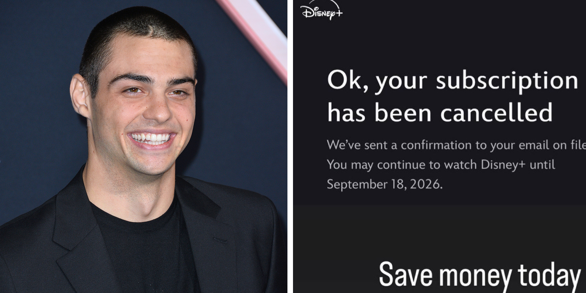Left: Noah Centineo at the world premiere of "Charlie's Angels" at the Regency Village Theatre. Right: Screenshot posted on Instagram Reels by Noah Centineo showing he had canceled his Disney Plus subscription.