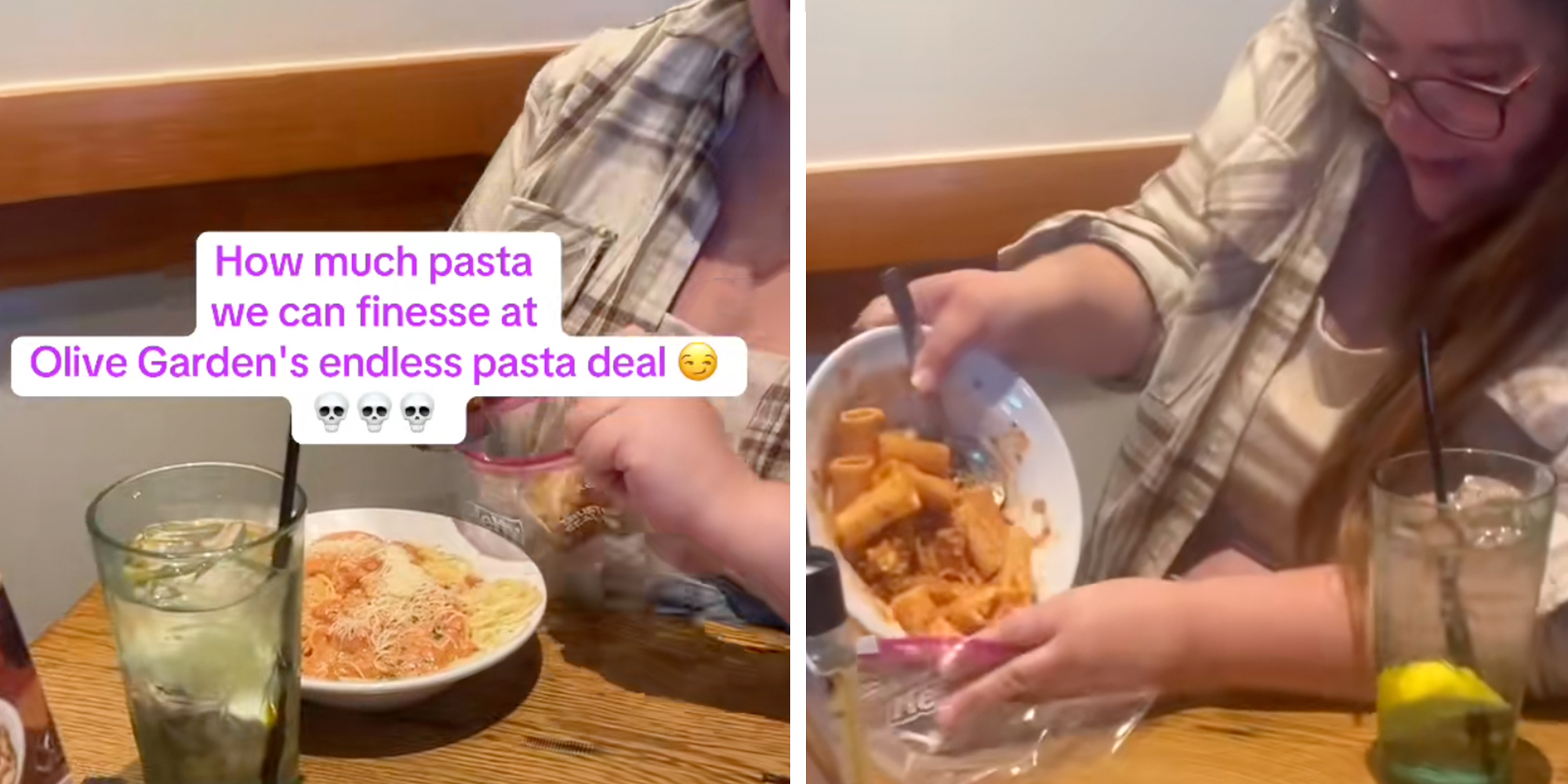 Woman putting ziti pasta into a Ziploc bag at an Olive Garden. Caption overlay reads, ""How much pasta we can finesse at Olive Garden's endless pasta deal."