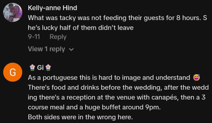 TikTok comments including one reading "What was tacky was not feeding their guests for 8 hours. She’s lucky half of them didn’t leave"