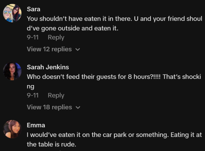 TikTok comments including one reading "You shouldn’t have eaten it in there. U and your friend should’ve gone outside and eaten it."