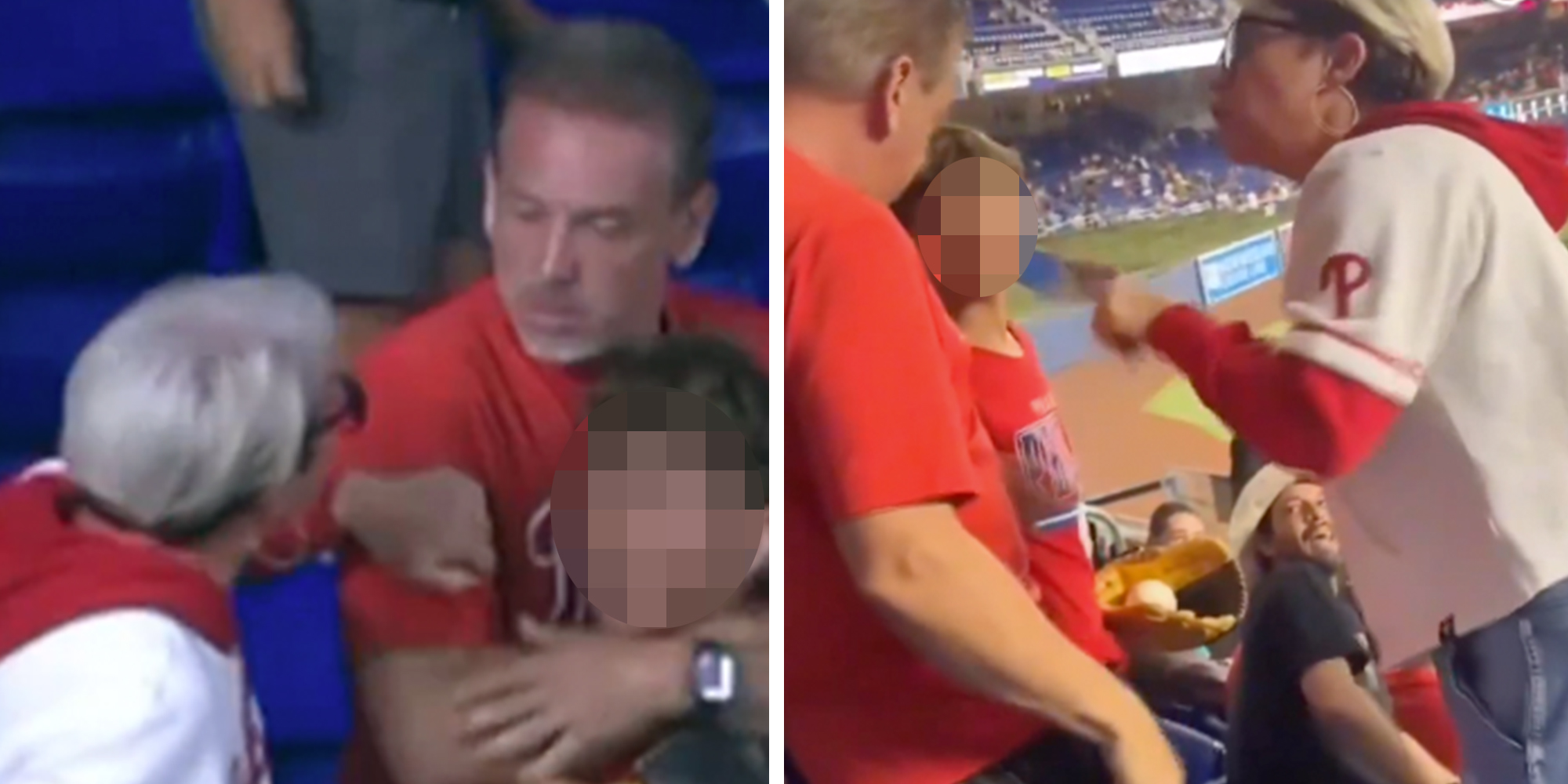 Left: Woman in a Phillies jersey at a Phillies game, dubbed "Phillies Karen," grabbing a man in a red Phillies shirt as he protects his son. Right: Phillies Karen pointing her finger at a father and a young boy at a Phillies baseball game.