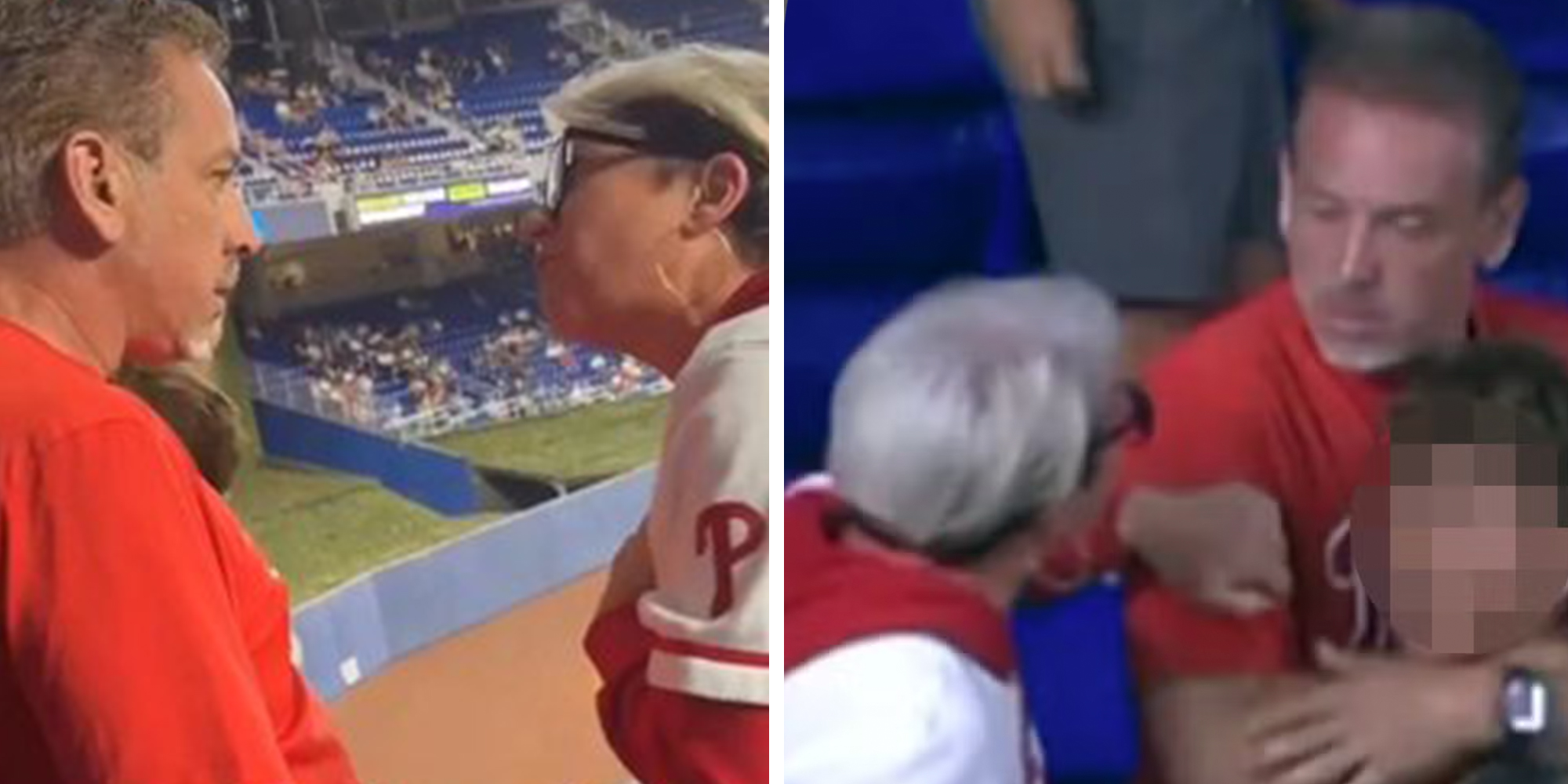 Left: White-haired woman in a Phillies jersey at a Phillies game dubbed "Phillies Karen" yelling at a man in a red Phillies t-shirt. Right: Man in a red Phillies t-shirt protecting son from "Phillies Karen."