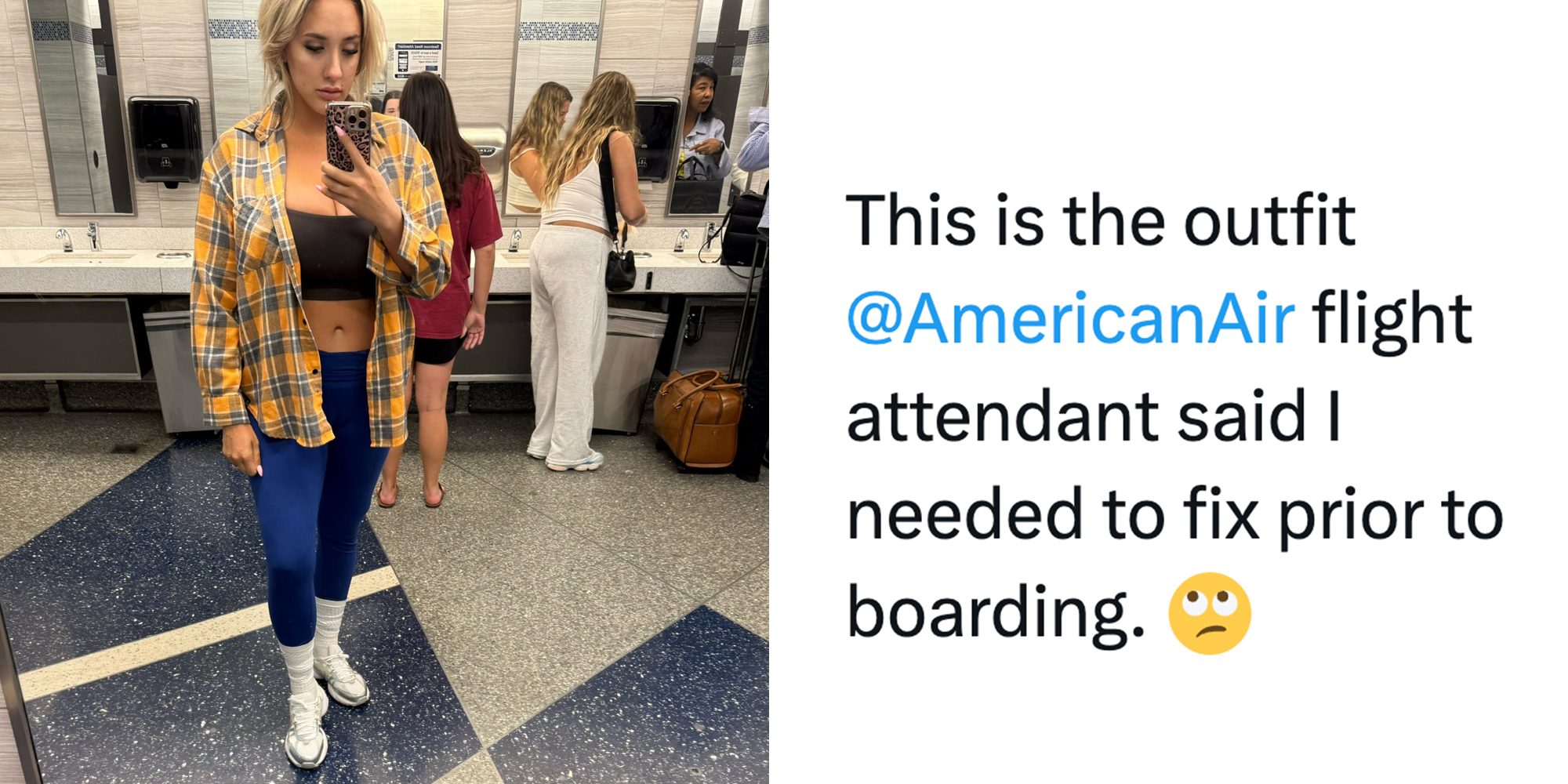 ex-Playboy model Sarah Blake Cheek selfie showing her outfit: a cropped athletic top beneath an unbuttoned yellow flannel. She paired the shirt with leggings, sneakers, and high socks