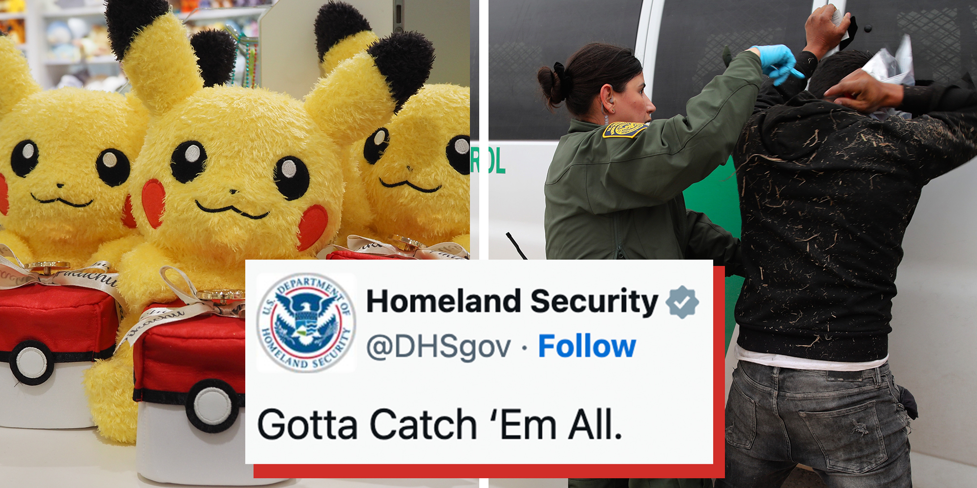 Left: Soft Pokemon Pikachu toys in the Pokemon Center DX in Tokyo's Nihonbashi area. Right: A young Hispanic female Border Patrol agent searches a young Mexican man who crossed the Rio Grande River illegally to enter the U.S.