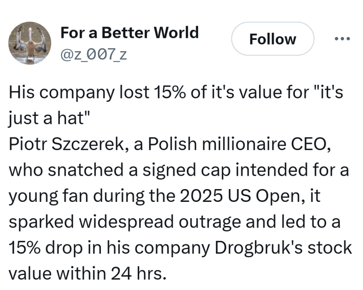 Tweet that reads, "His company lost 15% of it's value for "it's just a hat"Piotr Szczerek, a Polish millionaire CEO, who snatched a signed cap intended for a young fan during the 2025 US Open, it sparked widespread outrage and led to a 15% drop in his company Drogbruk's stock value within 24 hrs."