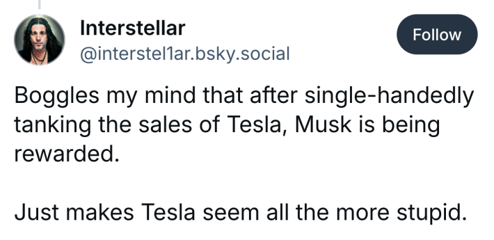 Post that reads, "Boggles my mind that after single-handedly tanking the sales of Tesla, Musk is being rewarded.Just makes Tesla seem all the more stupid."