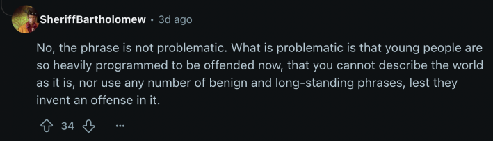 “No, the phrase is not problematic. What is problematic is that young people are so heavily programmed to be offended now, that you cannot describe the world as it is, nor use any number of benign and long-standing phrases, lest they invent an offense in it,” replied u/SheriffBartholomew.