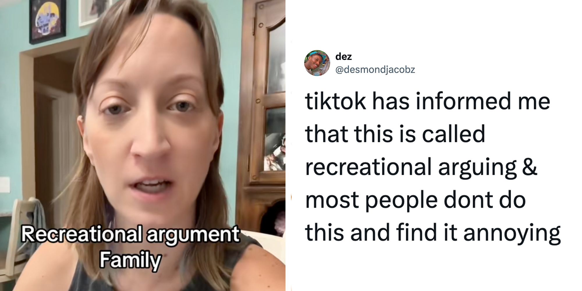 Left: Woman looking into the camera, caption overlay reads "recreational argument family." Right: Tweet reading "tiktok has informed me that this is called recreational arguing & most people dont do this and find it annoying."