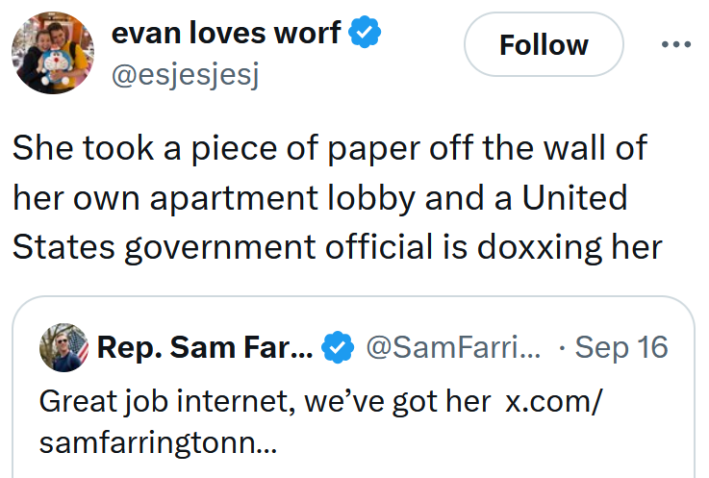 Tweet reading "She took a piece of paper off the wall of her own apartment lobby and a United States government official is doxxing her"