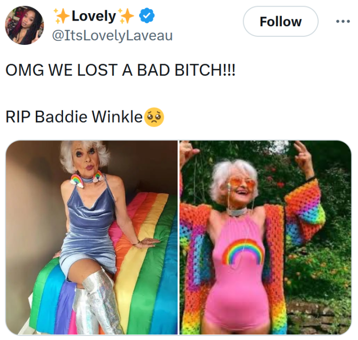 Tweet reading "OMG WE LOST A BAD BITCH!!! RIP Baddie Winkle." Below are two photos of Baddie Winkle in rainbow outfits.