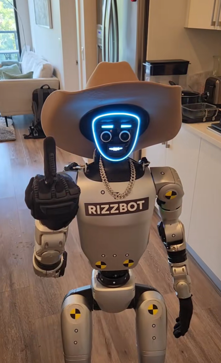 Rizzbot giving the camera the middle finger.