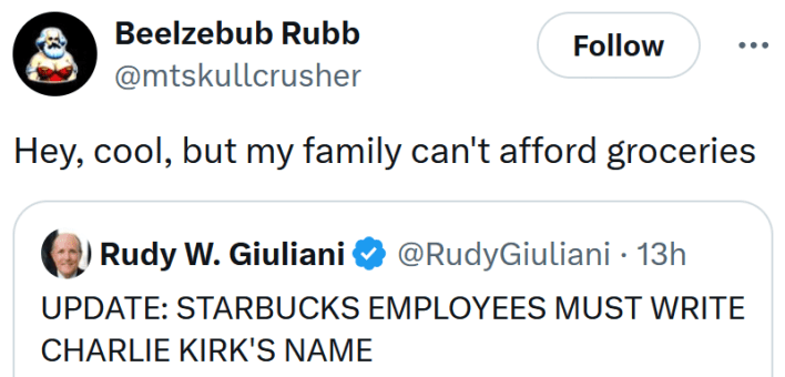 Tweet reading "Hey, cool, but my family can't afford groceries"