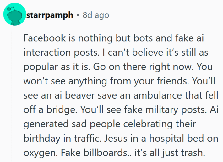 Reddit comment reading "Facebook is nothing but bots and fake ai interaction posts. I can’t believe it’s still as popular as it is. Go on there right now. You won’t see anything from your friends. You’ll see an ai beaver save an ambulance that fell off a bridge. You’ll see fake military posts. Ai generated sad people celebrating their birthday in traffic. Jesus in a hospital bed on oxygen. Fake billboards.. it’s all just trash."