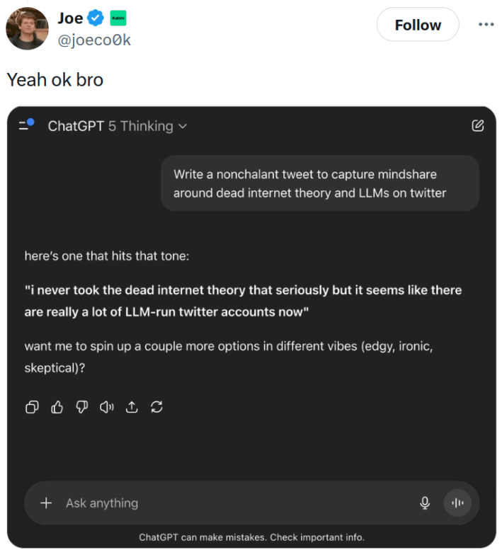 Tweet reading "Yeah ok bro" with a screenshot of a ChatGPT prompt response.