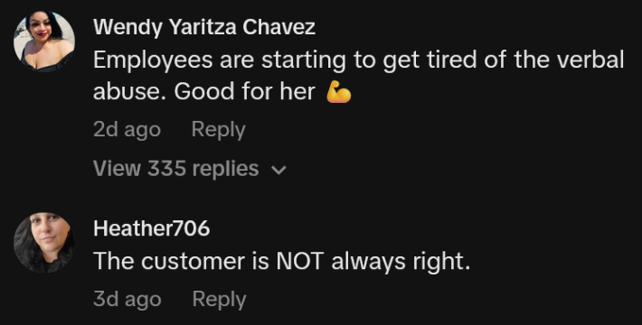 TikTok comments including one reading "Employees are starting to get tired of the verbal abuse. Good for her."