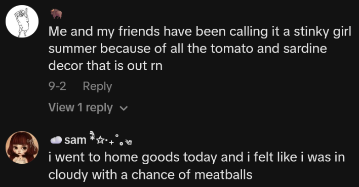 TikTok comments including one reading "Me and my friends have been calling it a stinky girl summer because of all the tomato and sardine decor that is out rn"