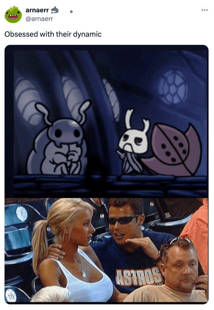 Silksong meme saying, "Obsessed with their dynamic" comparing two Silksong characters to the meme of the bro dude explaining to a blonde unimpressed woman, his hand on her neck.