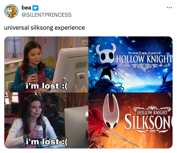 Tweet that reads, "universal silksong experience" with the iCarly meme of her younger and older, both saying, "I'm lost :("