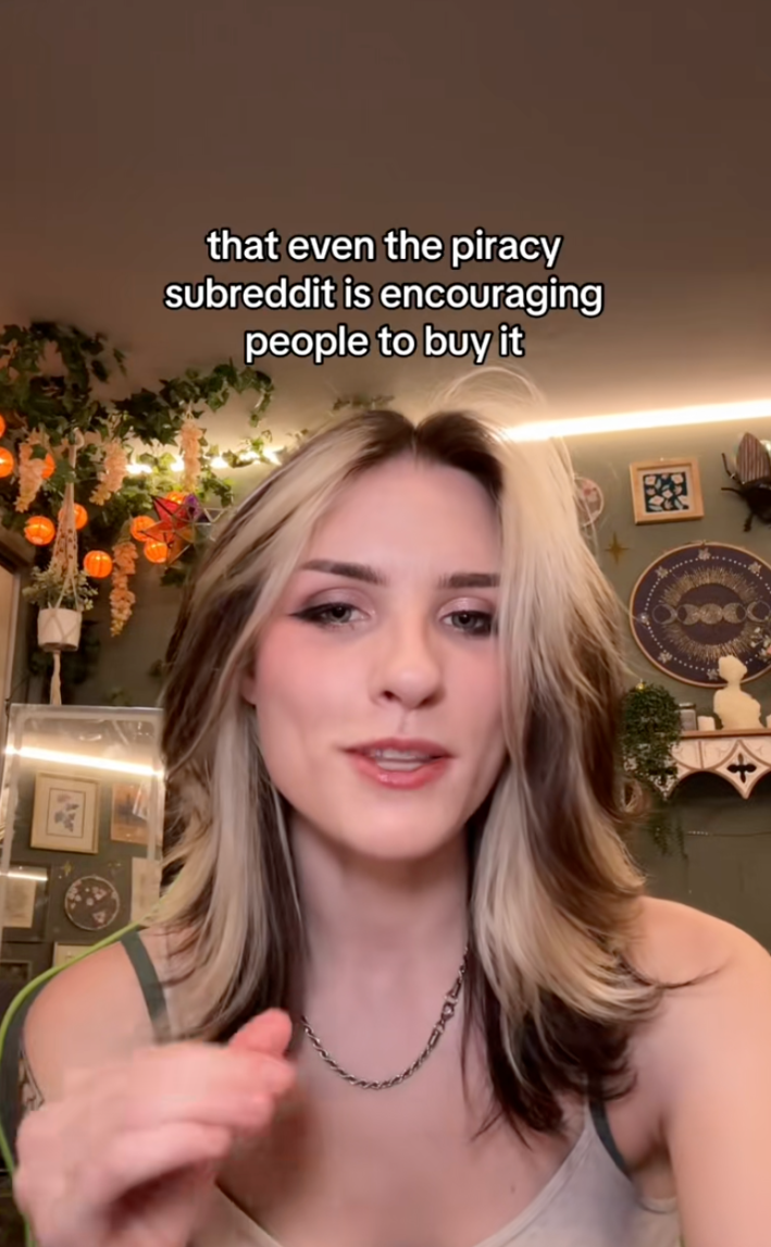 TikTok video where the OP is explaining, "...that even the piracy subreddit is encouraging people to buy it."