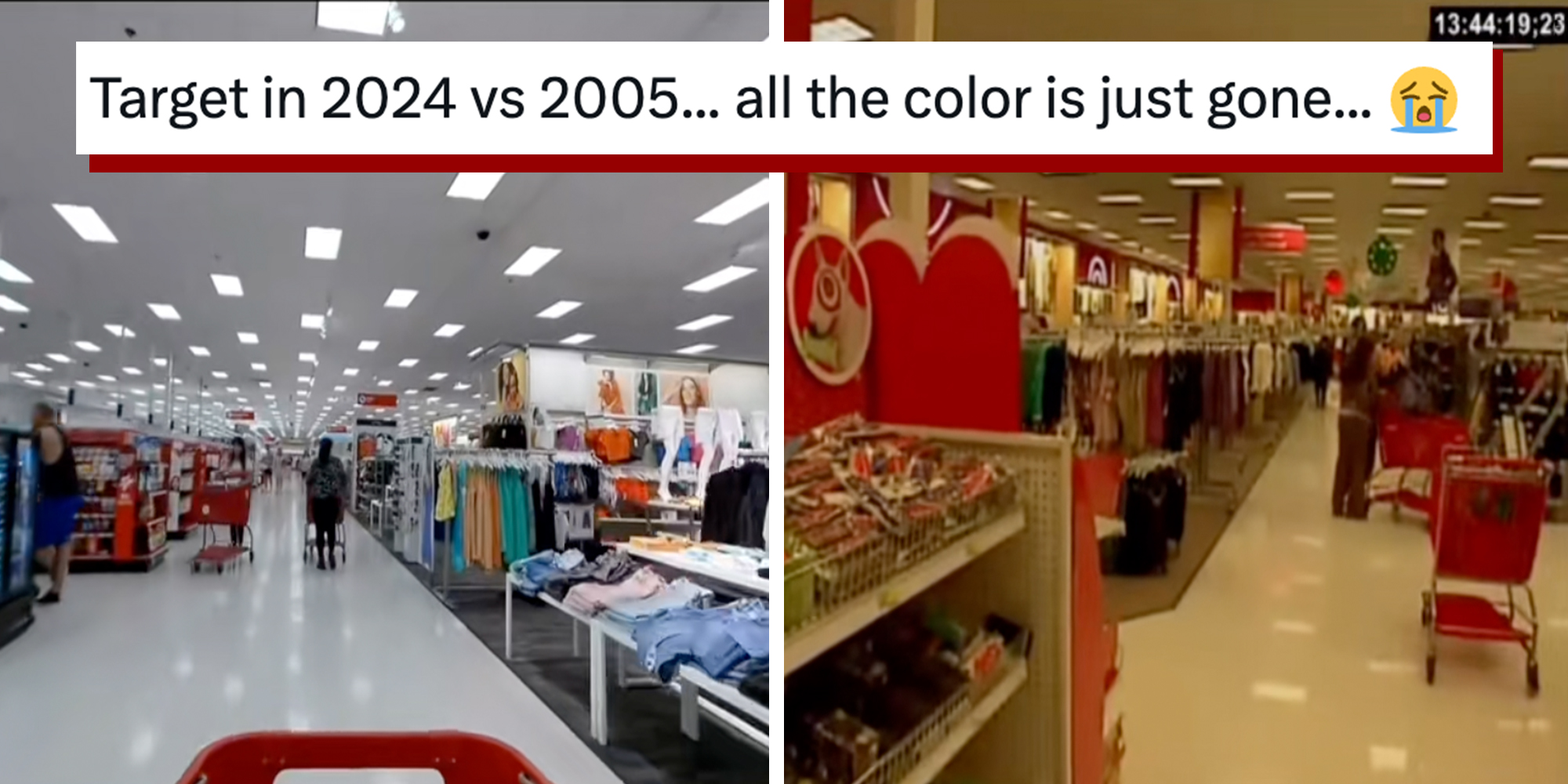Left: Target store in 2025. Right: Target store in 2004, much more colorful. Caption overlay reads, "Target in 2024 vs 2005... all the color is just gone..."
