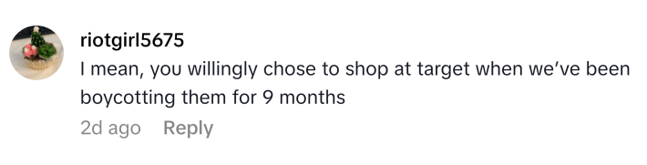 TikTok comment that reads, "I mean, you willingly chose to shop at target when we’ve been boycotting them for 9 months"