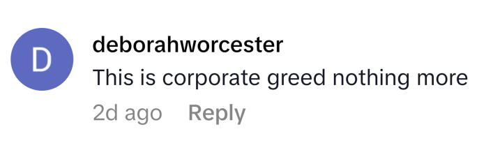 TikTok comment that reads, "This is corporate greed nothing more."