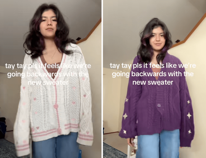 "Tay tay, please, it feels like we're going backwards with the new sweater," on-screen text reads.