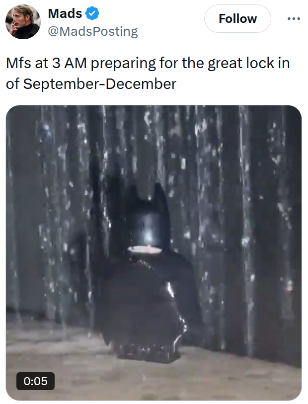 "The Great Lock In" meme with a video of water pouring on a LEGO Batman figurine.