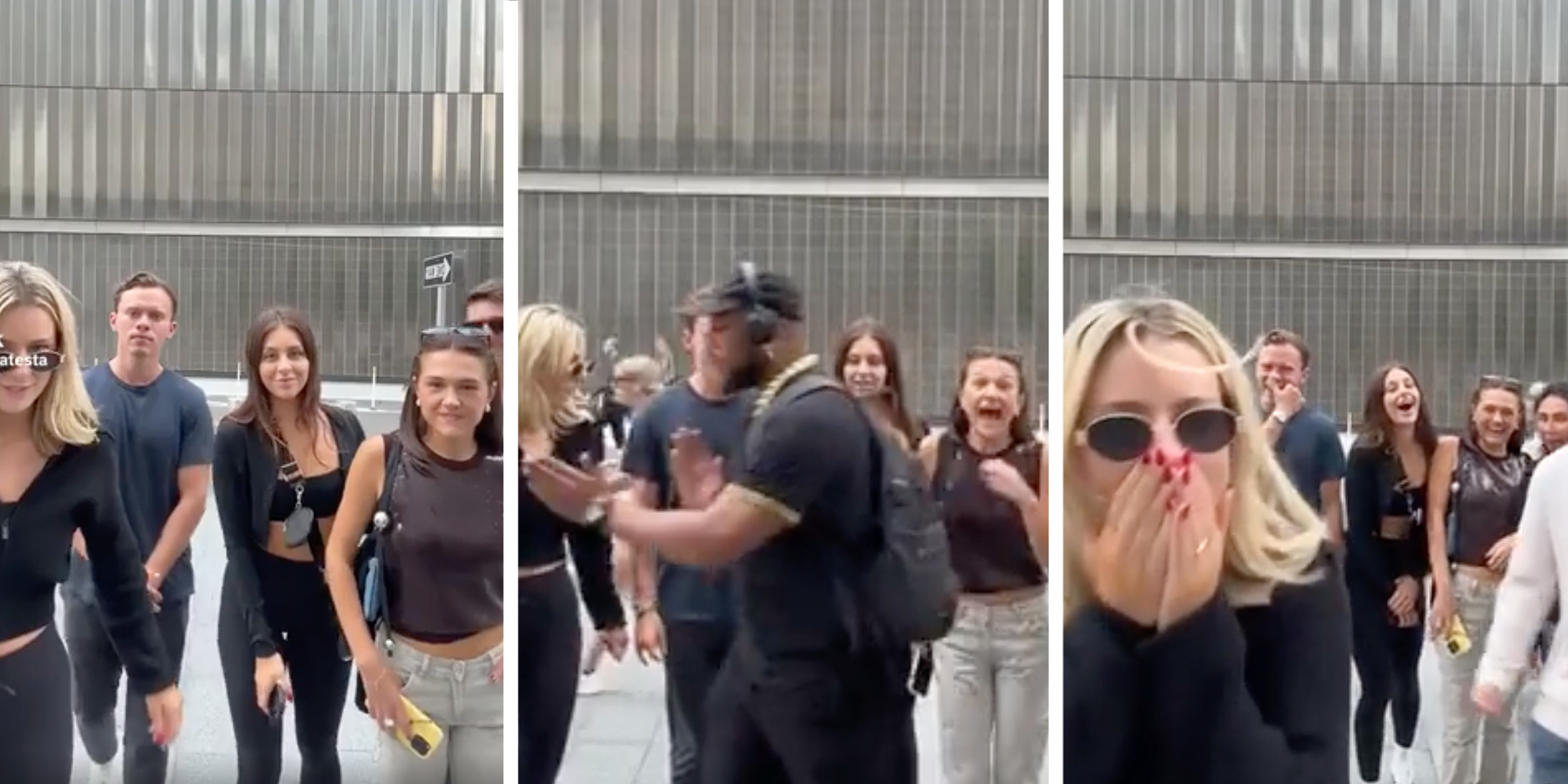 A group of influencers standing on a New York City sidewalk. A man in headphones walks by dispersing them.