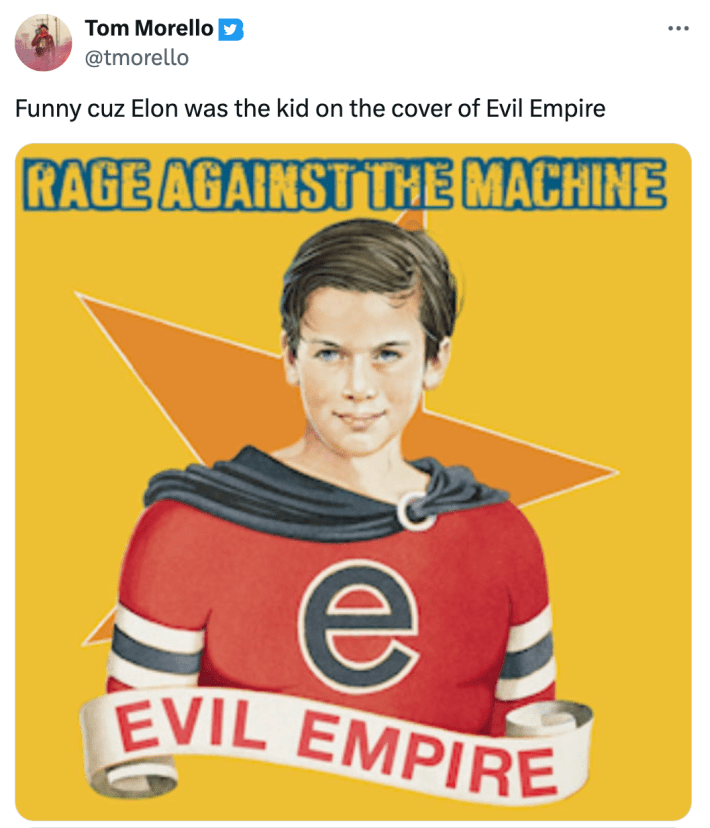 Morello's tweet that reads, "Funny cuz Elon was the kid on the cover of Evil Empire." with a photo of the artwork.