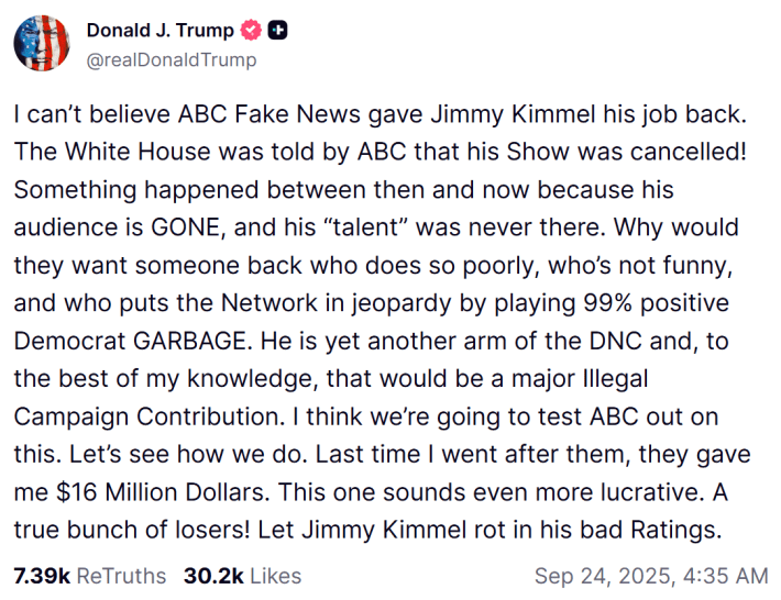 Trump's post about Jimmy Kimmel.