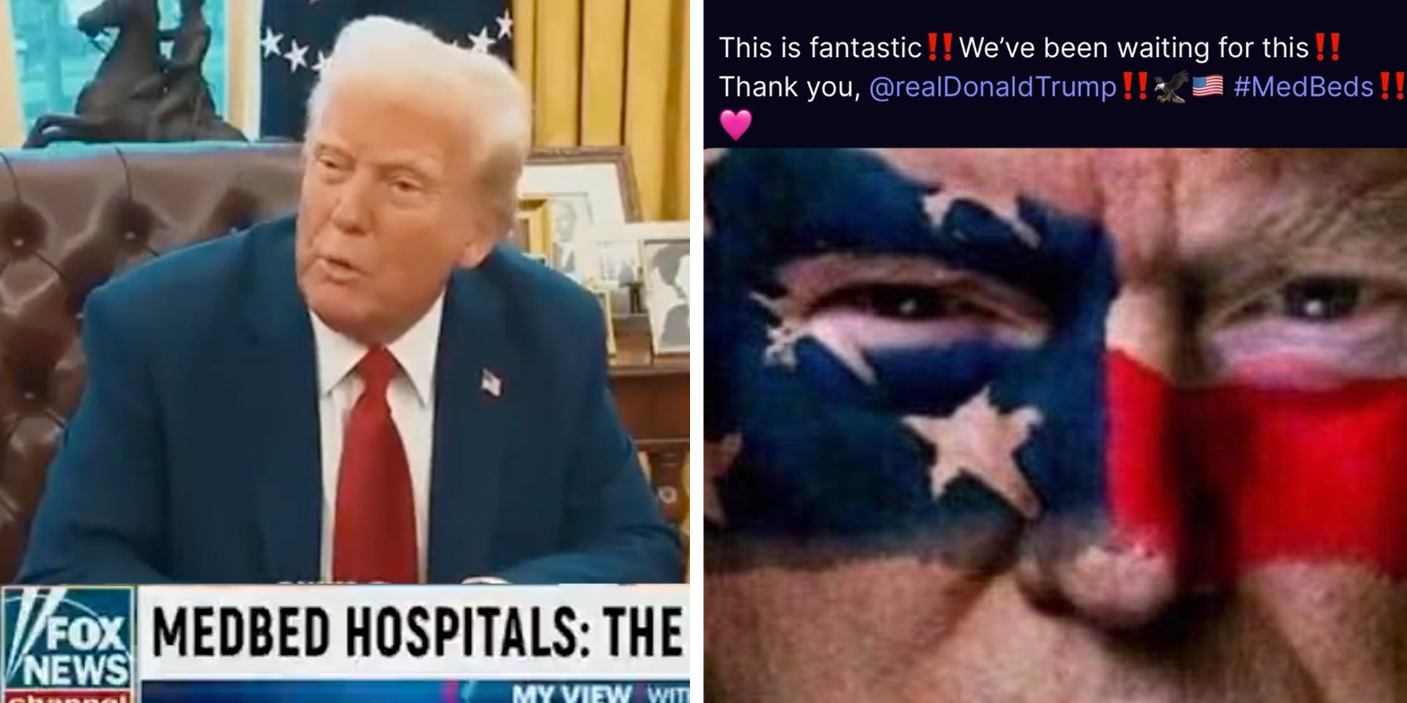 Left: AI-generated video of President Donald Trump sitting in the Oval Office above Fox News Chyron reading "MedBed Hospitals." Right: AI-generated photo of Donald Trump with an American Flag painted across his face.