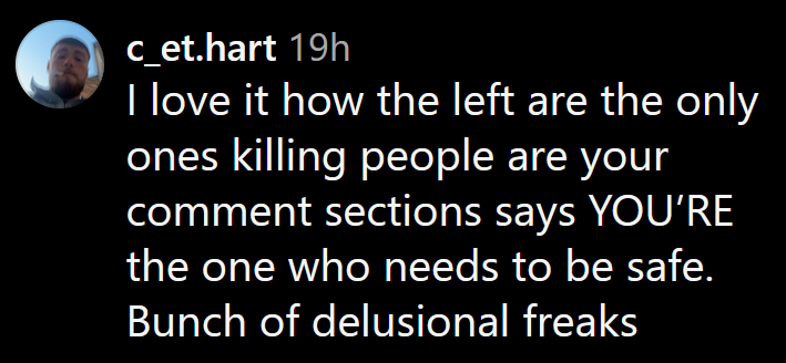 Instagram comment reading "I love it how the left are the only ones killing people are your comment sections says YOU’RE the one who needs to be safe. Bunch of delusional freaks."