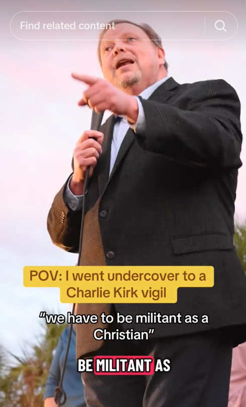 TikTok video of a man speaking into a mic with a caption quote reading "we have to be militant as a Christian."
