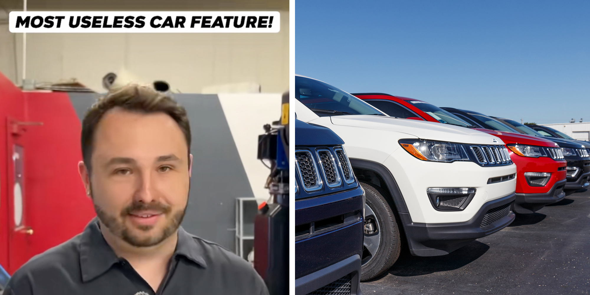 Left: Mechanic standing in a garage. Text overlay reads, "Most useless car feature!" Right: 2019: Jeep Grand Cherokee display at a Chrysler Jeep dealership.